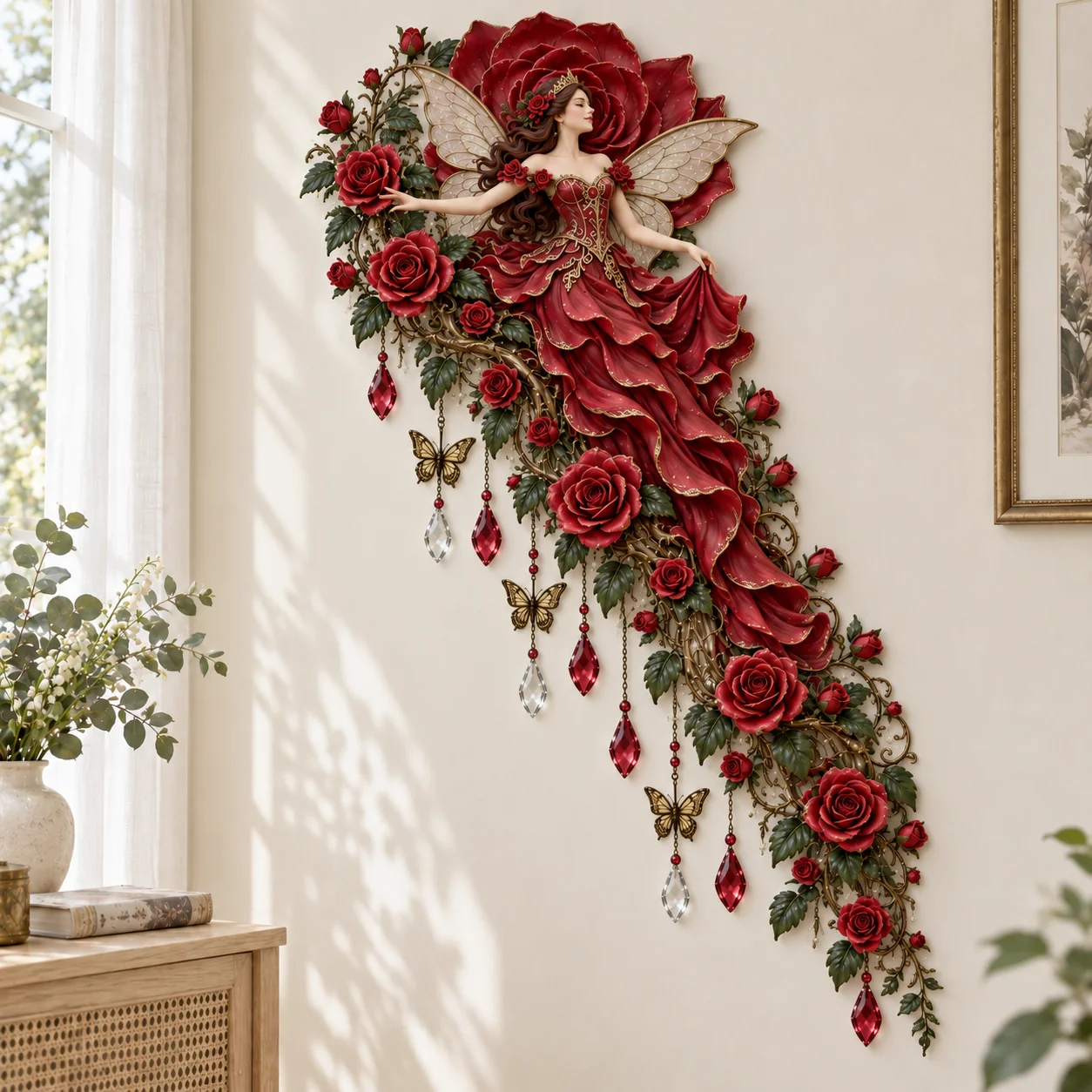 Unlit Rose fairy with crimson flowers and a sweeping red gown on an ivory wall in daylight