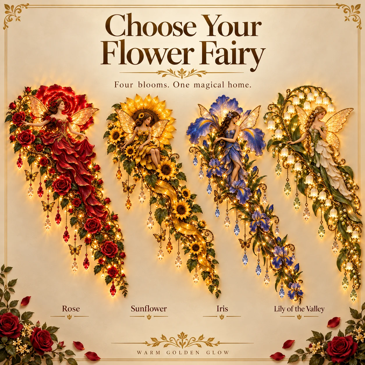 The four illuminated flower fairy designs displayed together: Rose, Sunflower, Iris and Lily of the Valley