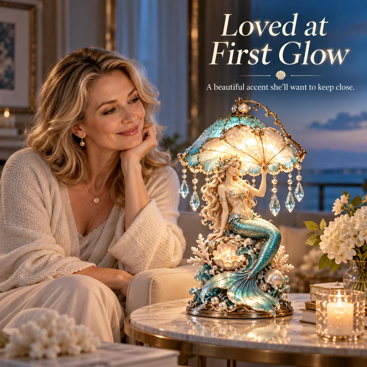 Woman admiring Pearl Tide Mermaid lamp