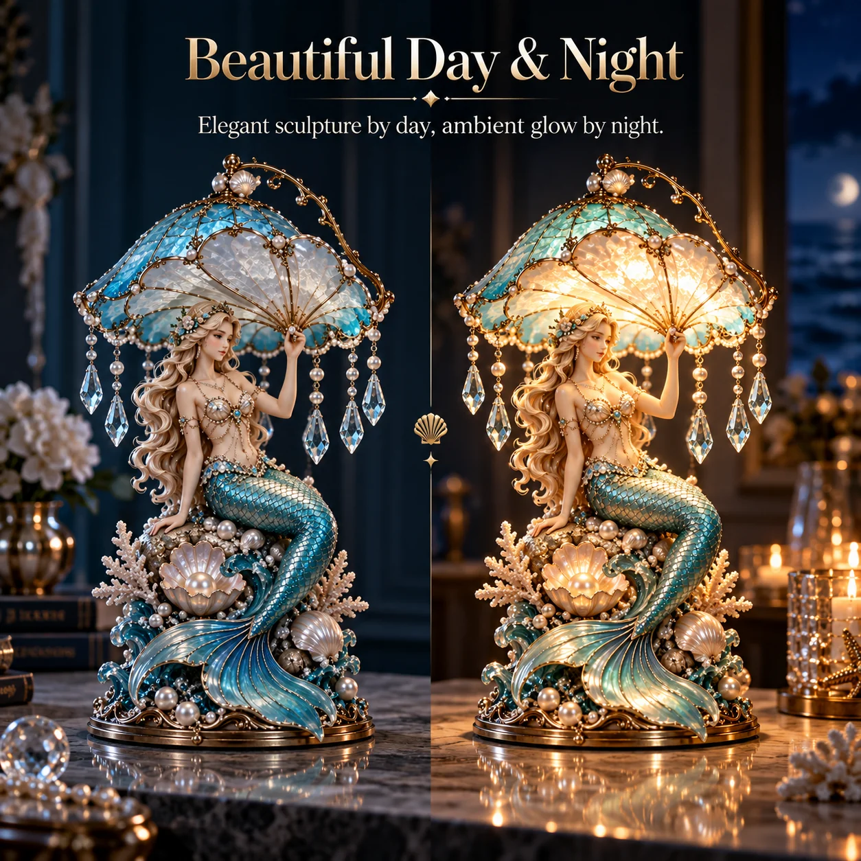Pearl Tide Mermaid lamp light off and on comparison