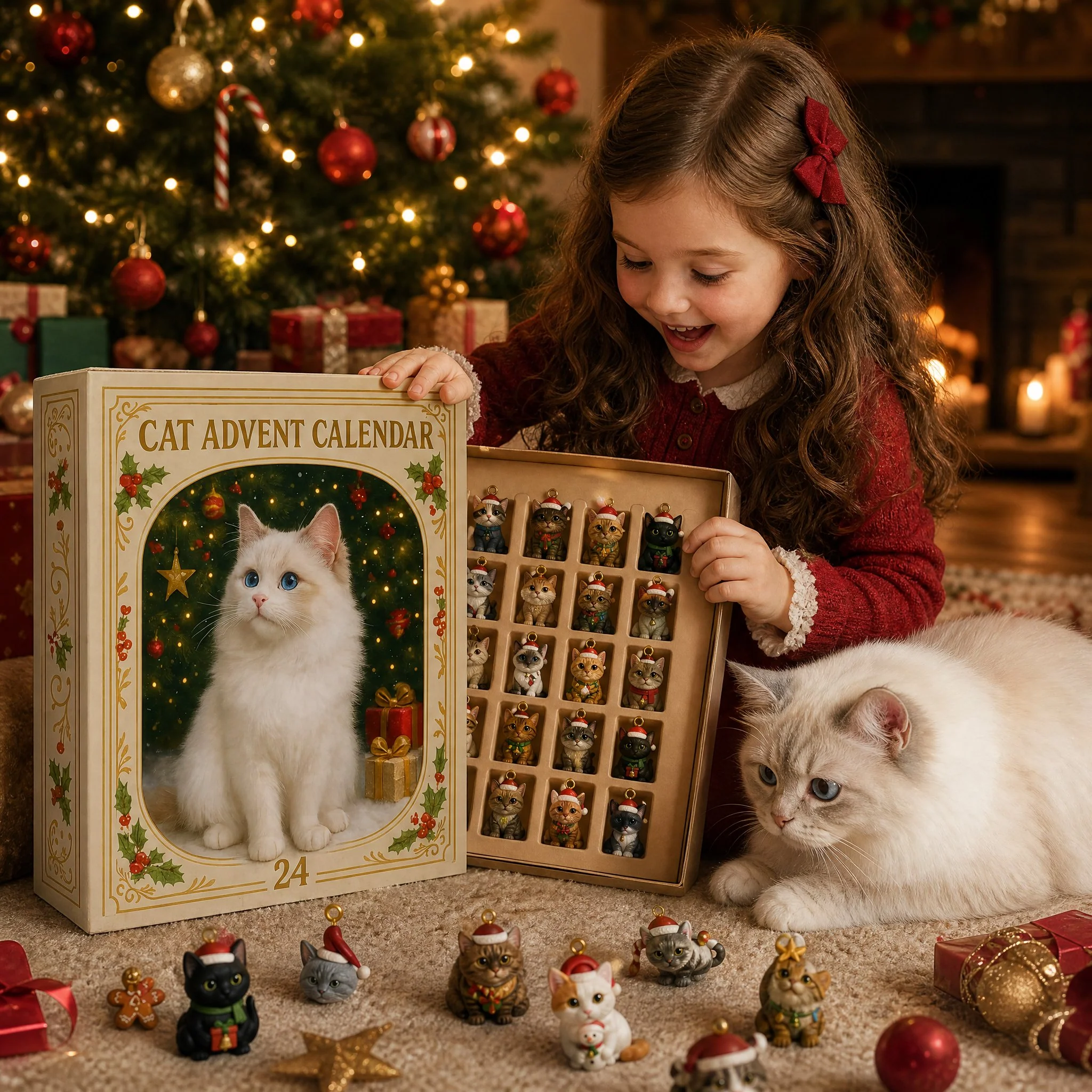 Cat lover opening a festive cat advent calendar