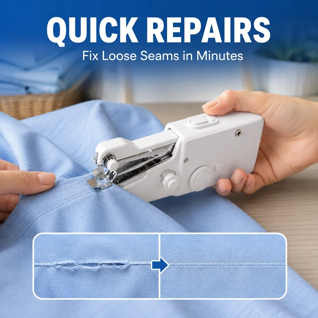 Handheld sewing machine quickly repairing a loose seam