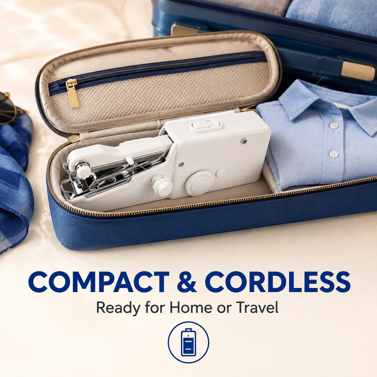 Compact cordless handheld sewing machine packed for travel