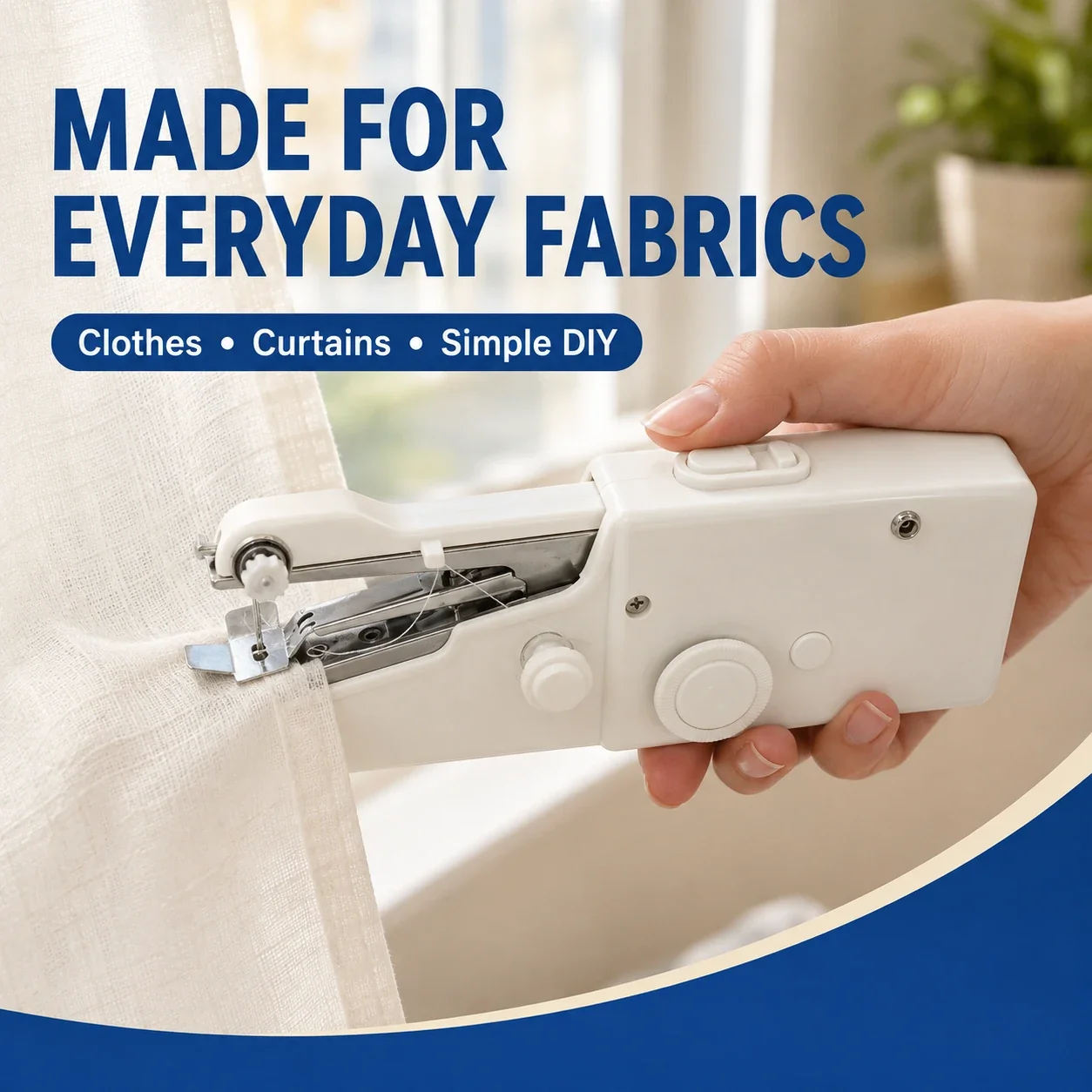Handheld sewing machine repairing a lightweight curtain
