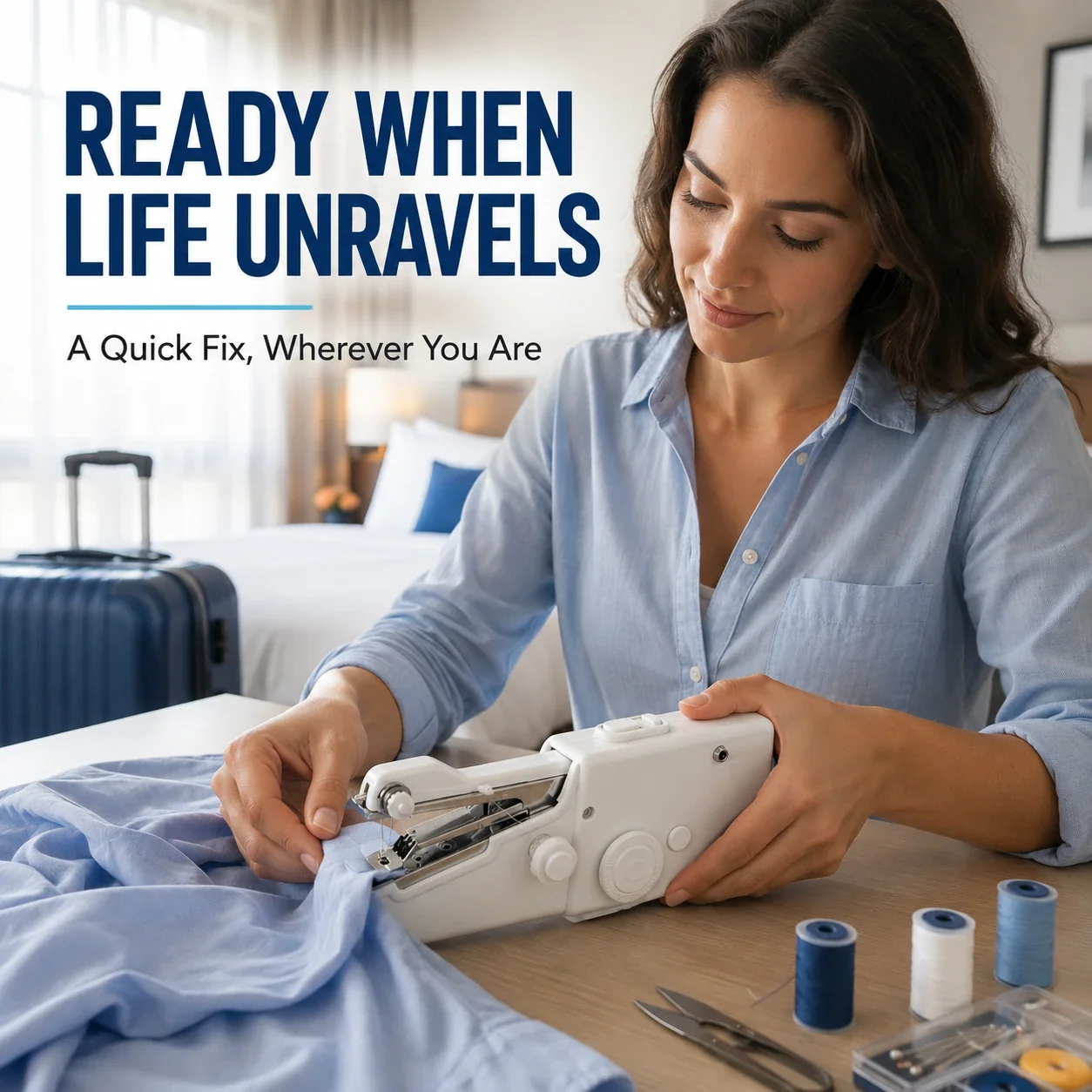 Traveler using a handheld sewing machine for an emergency clothing repair