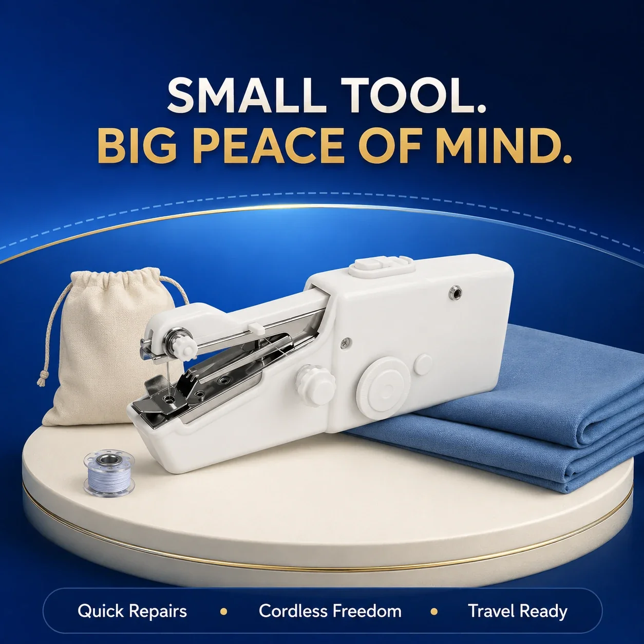 Portable handheld sewing machine ready for quick repairs at home or while traveling