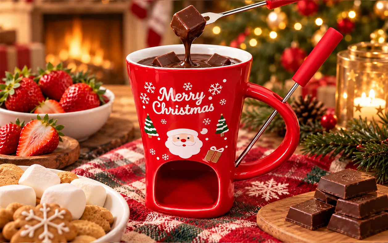 Santa Chocolate Fondue Mug with chocolate and Christmas treats