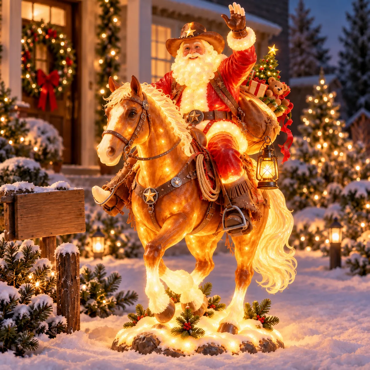 Western Cowboy Santa Riding Horse Lighted Christmas Statue