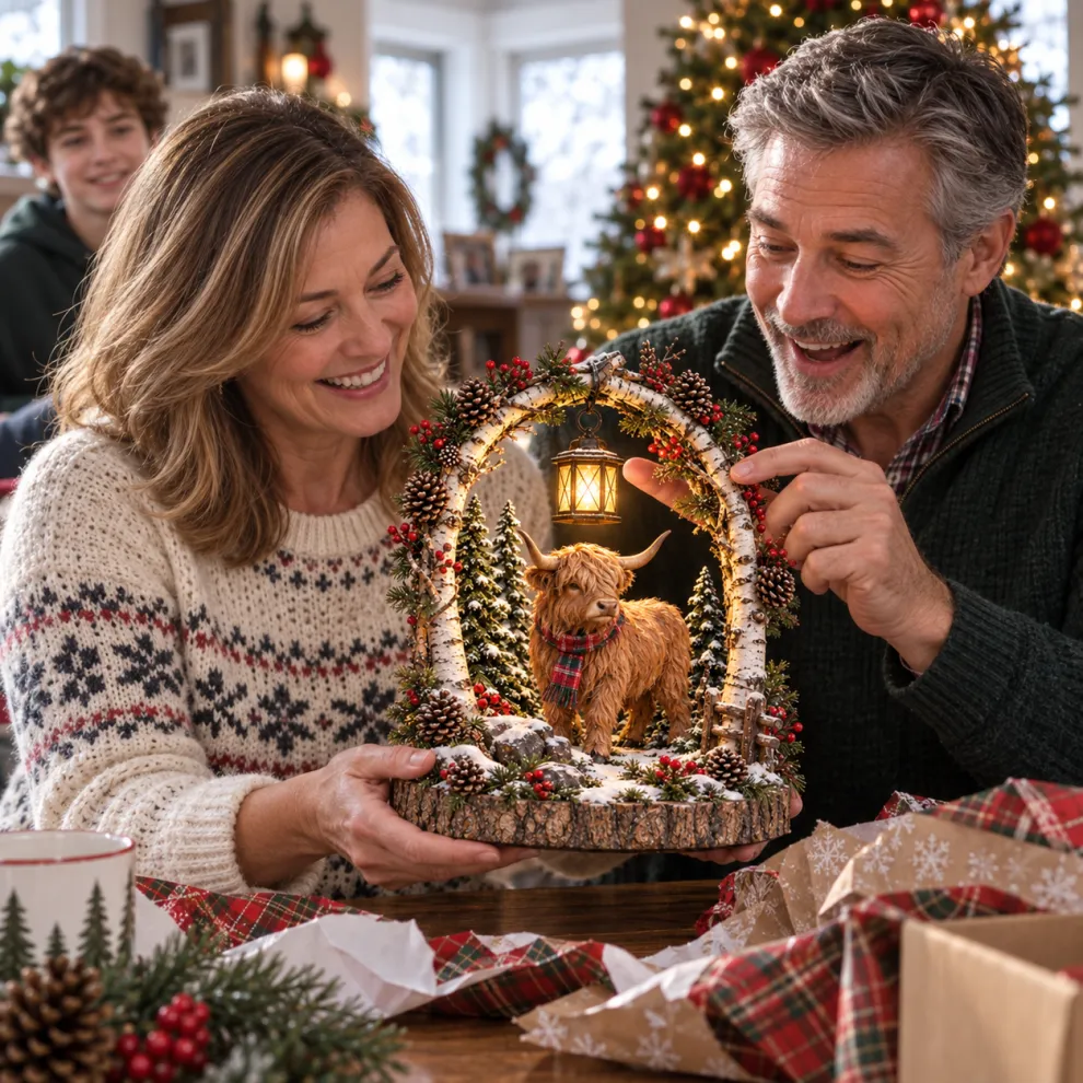 Family Christmas scene with woodland lantern