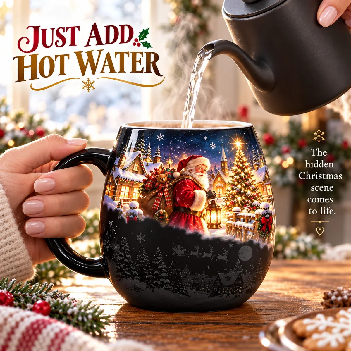 Hot water revealing the Christmas scene on the heat reveal mug