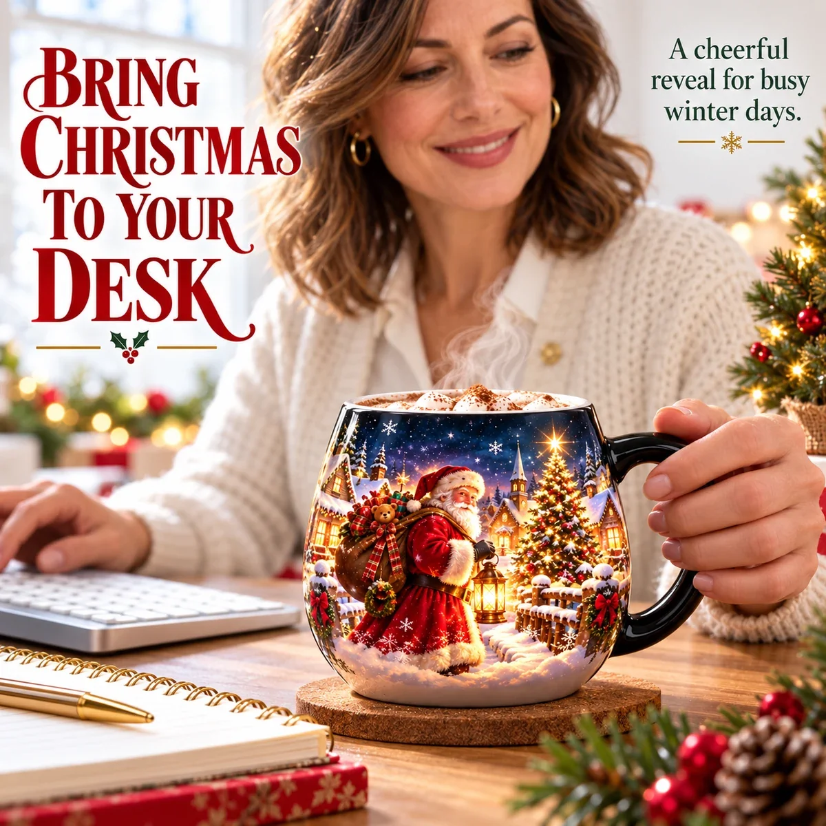 Christmas heat reveal mug used at a desk during the holidays