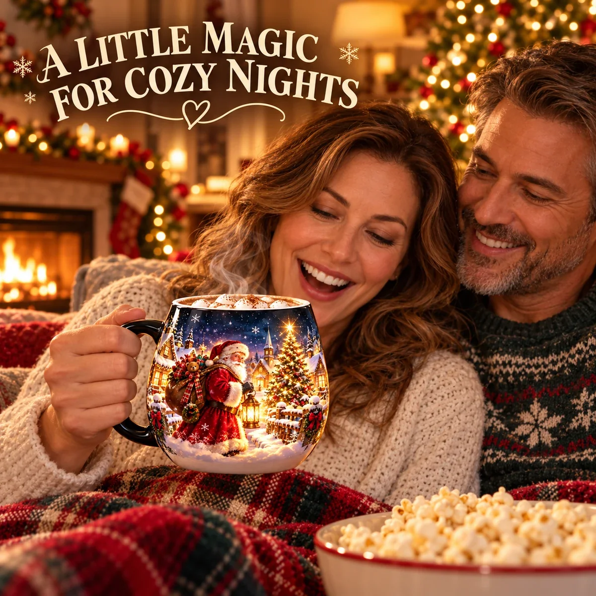 Couple enjoying the Christmas heat reveal mug on a cozy night