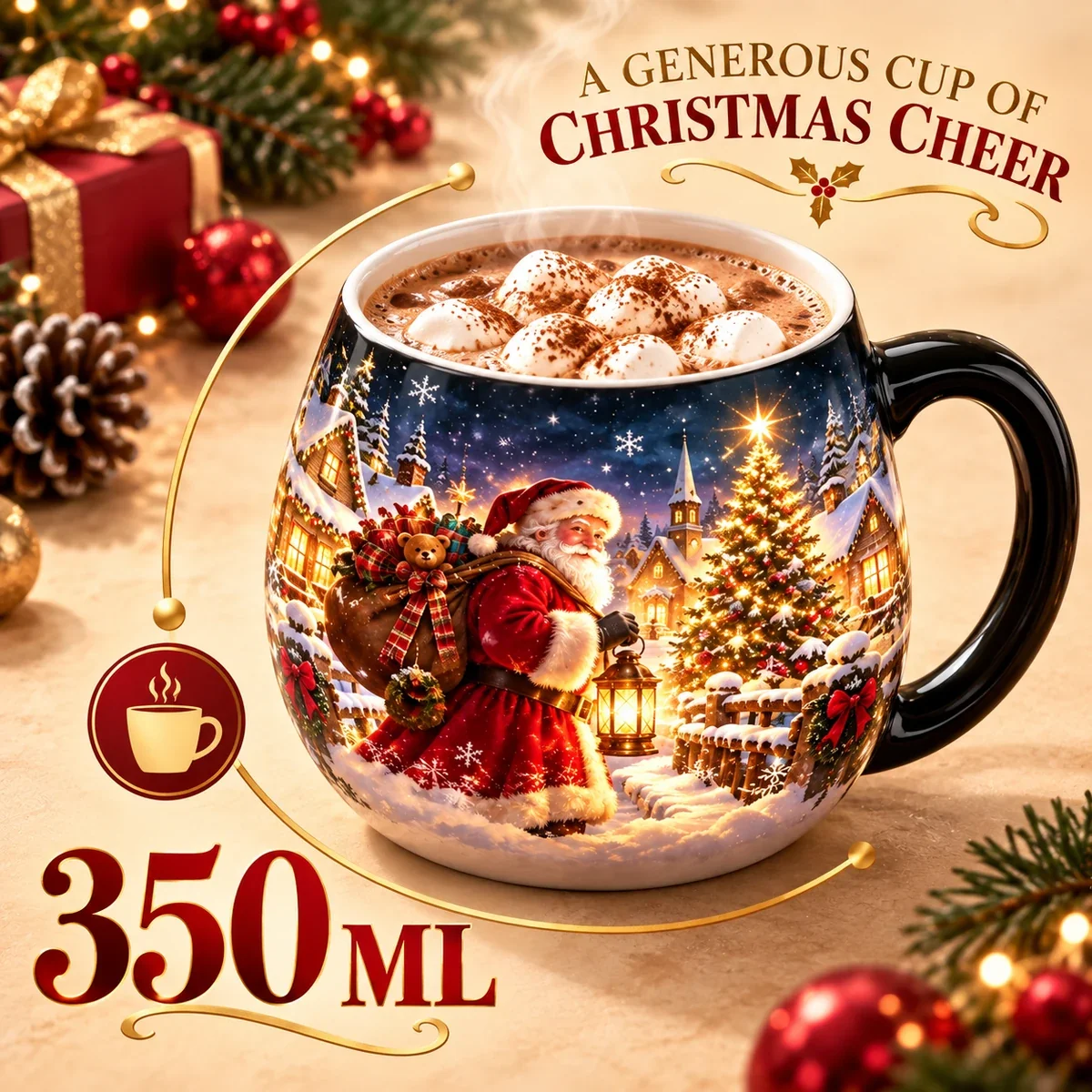 350 milliliter Christmas heat reveal mug filled with hot cocoa