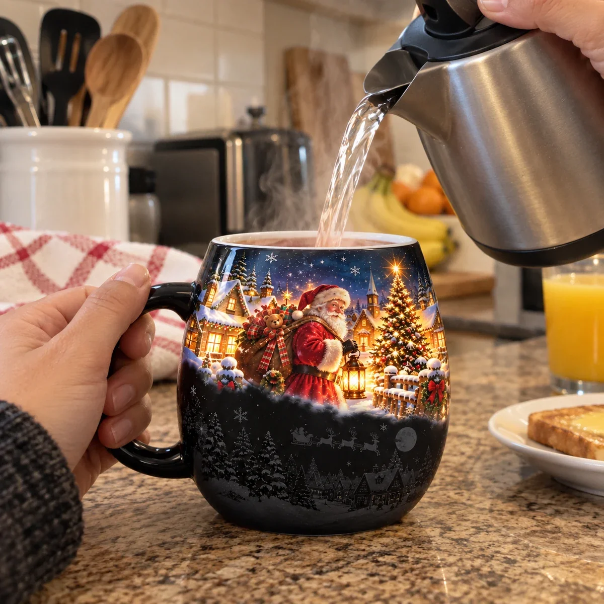 Customer pouring hot water into Christmas heat reveal mug