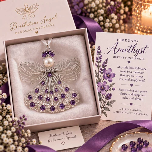 February Amethyst birthstone angel ornament with its coordinating card