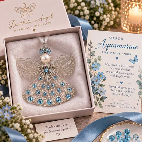 March Aquamarine birthstone angel ornament with its coordinating card