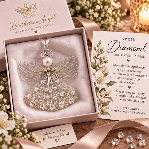 April Diamond birthstone angel ornament with its coordinating card