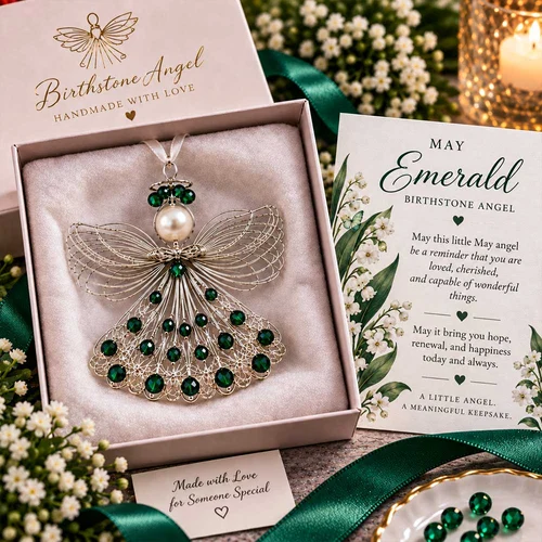 May Emerald birthstone angel ornament with its coordinating card