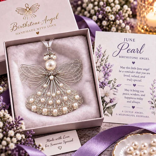 June Pearl birthstone angel ornament with its coordinating card
