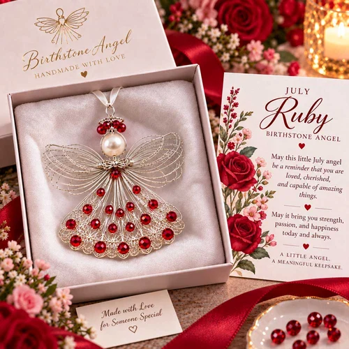 July Ruby birthstone angel ornament with its coordinating card
