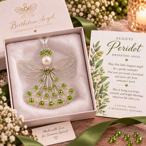 August Peridot birthstone angel ornament with its coordinating card
