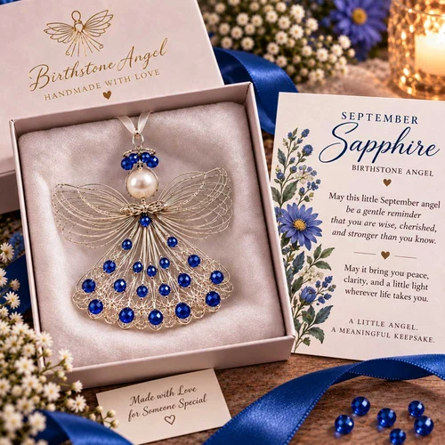 September Sapphire birthstone angel ornament with its coordinating card