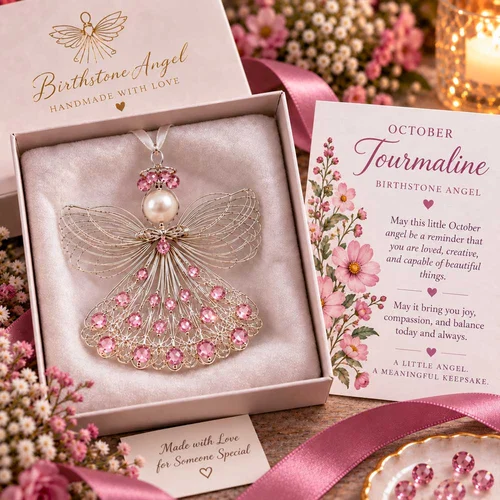 October Tourmaline birthstone angel ornament with its coordinating card