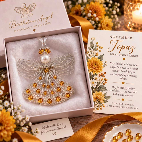 November Topaz birthstone angel ornament with its coordinating card