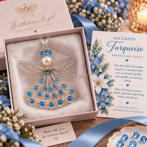 December Turquoise birthstone angel ornament with its coordinating card