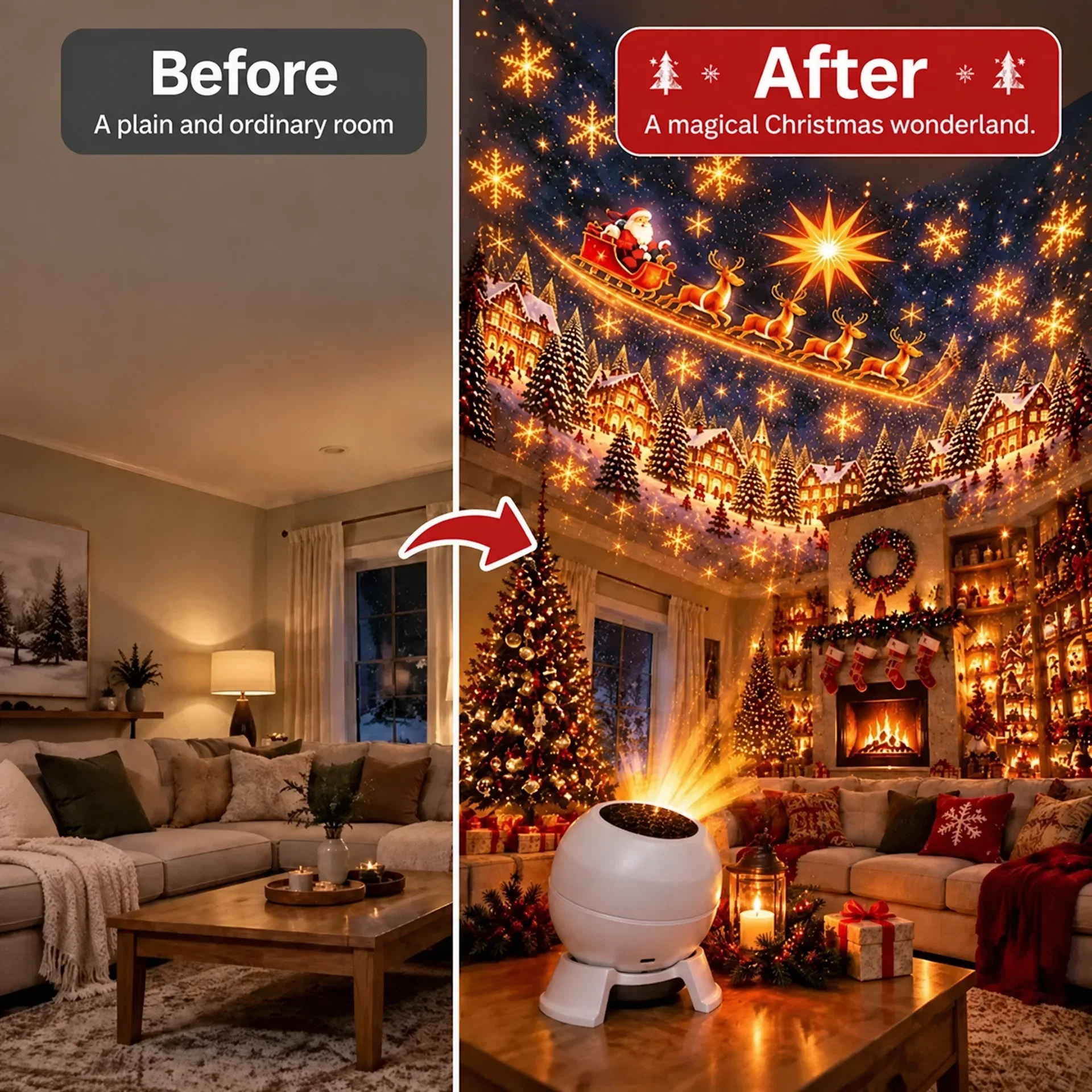 Before and after Christmas room transformation using projector light