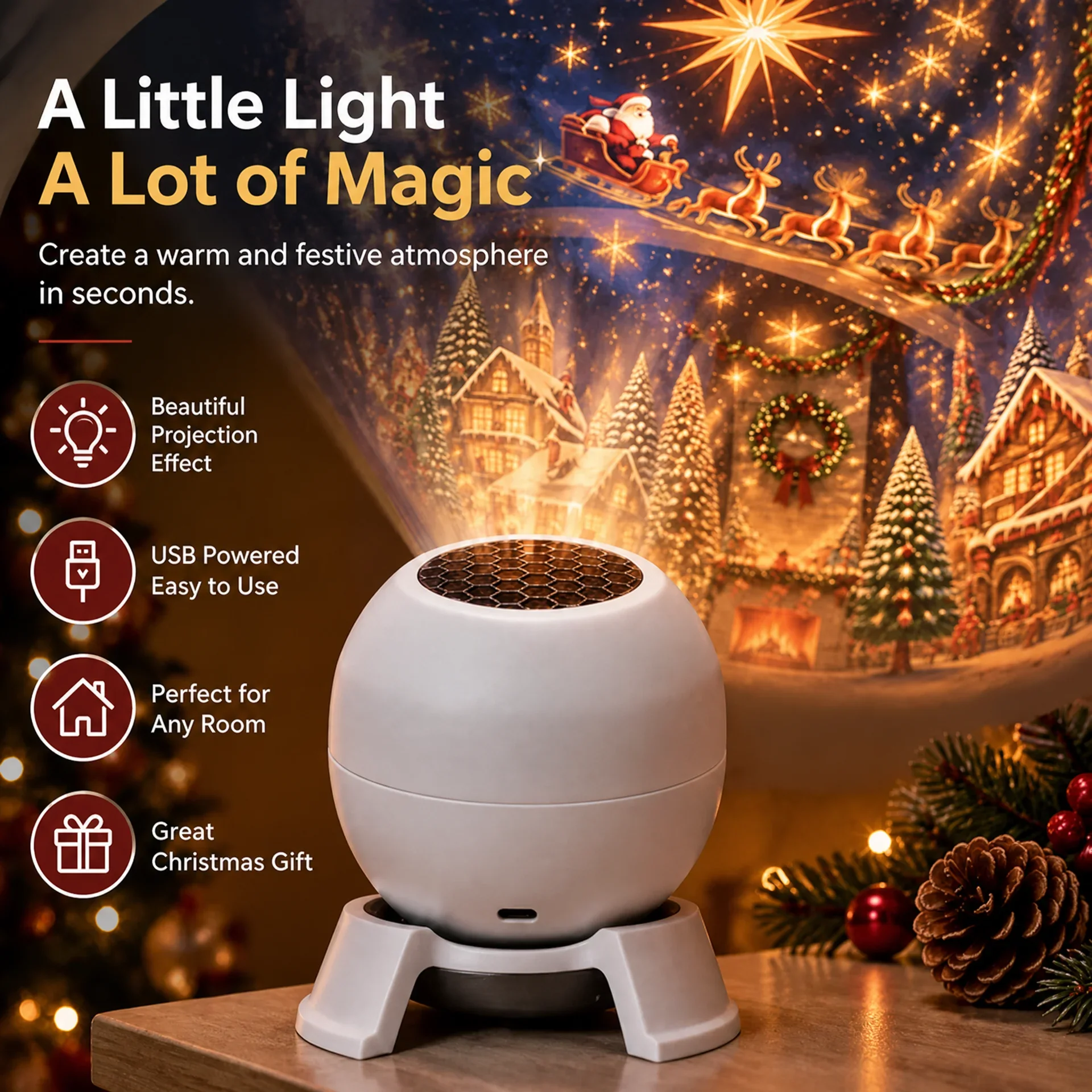 Christmas projection night light with USB power and festive projection