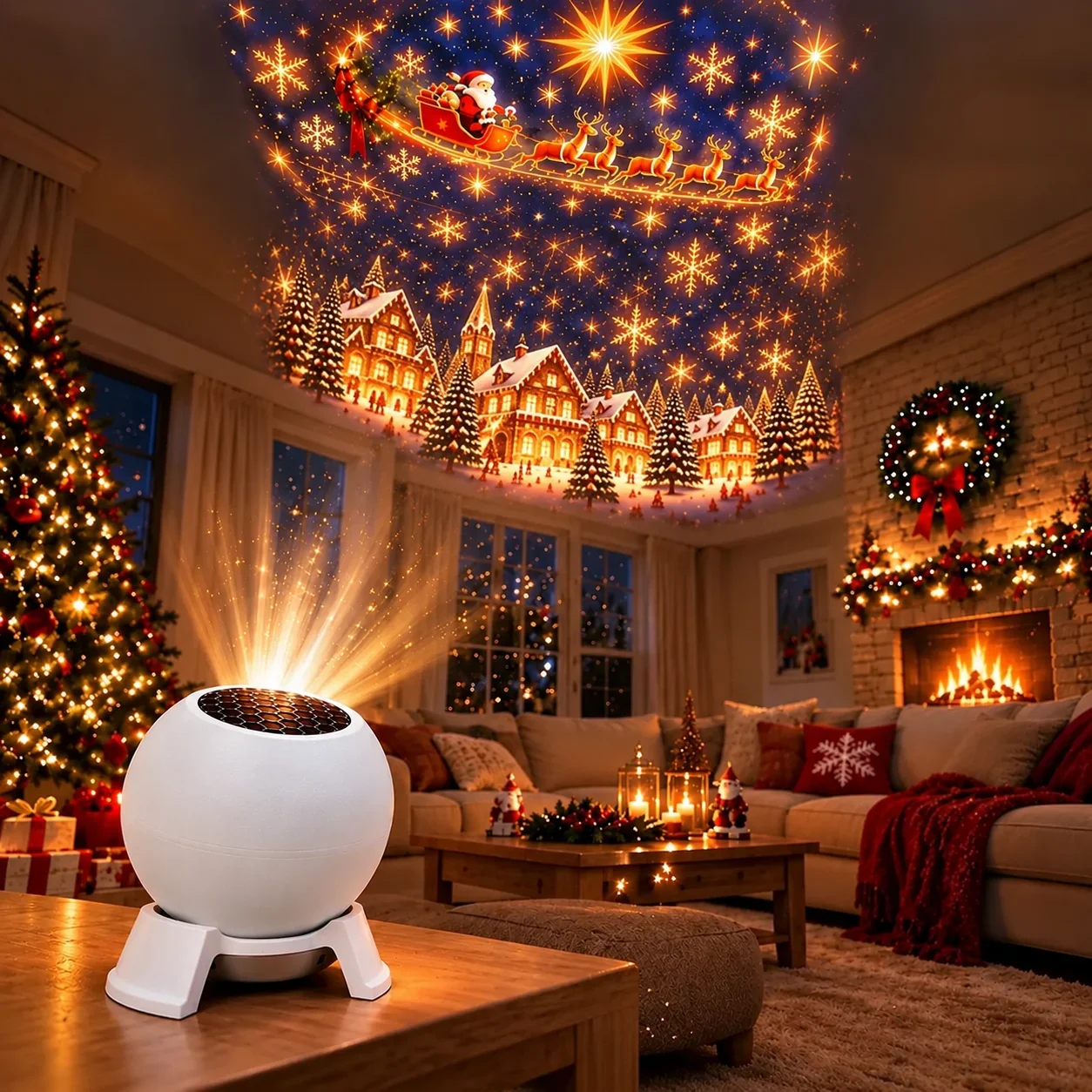 Warm Christmas projection across living room walls and ceiling