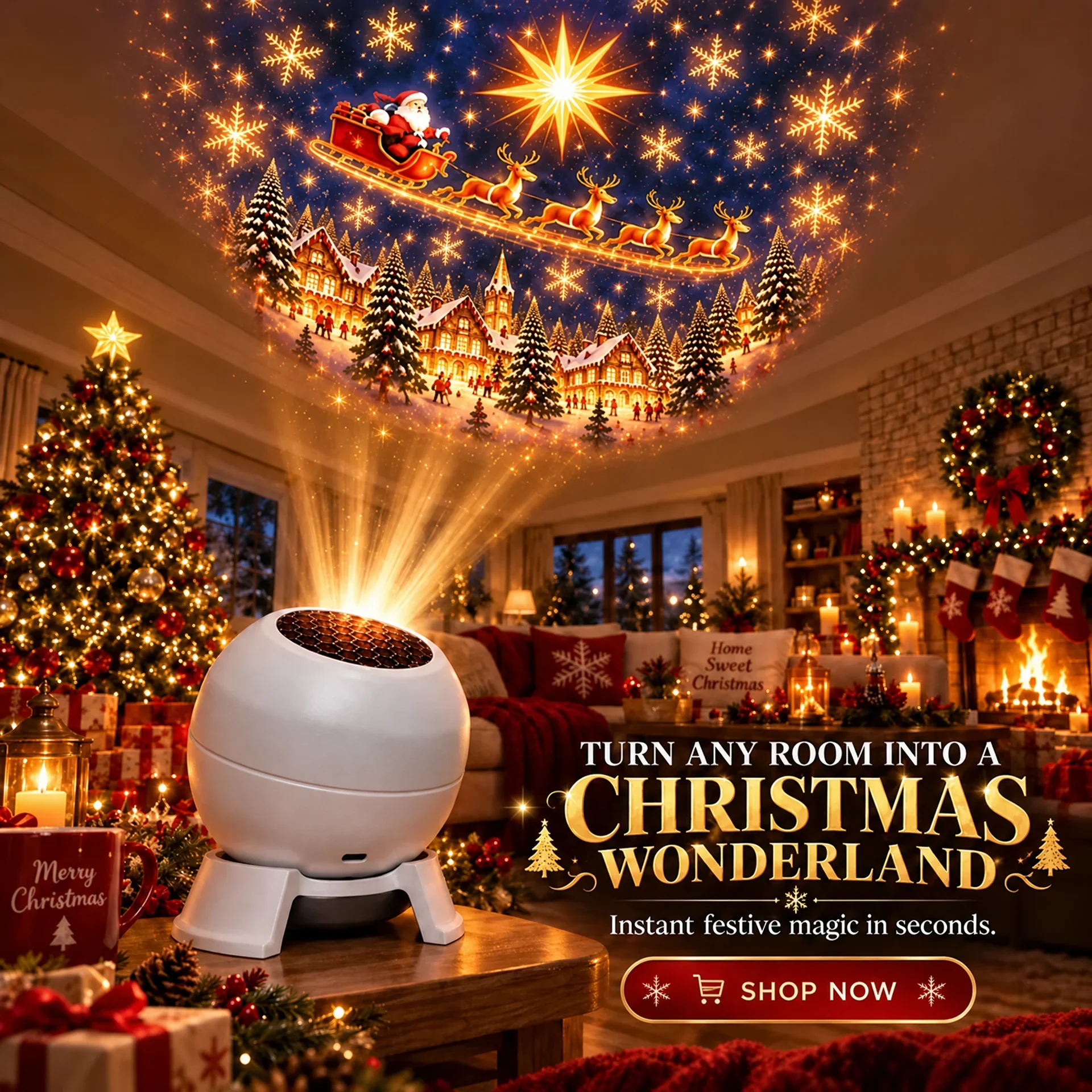 Christmas projection night light transforming a living room into a festive Christmas wonderland