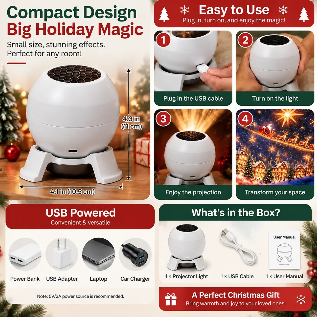 Compact USB powered Christmas projection light size and package contents