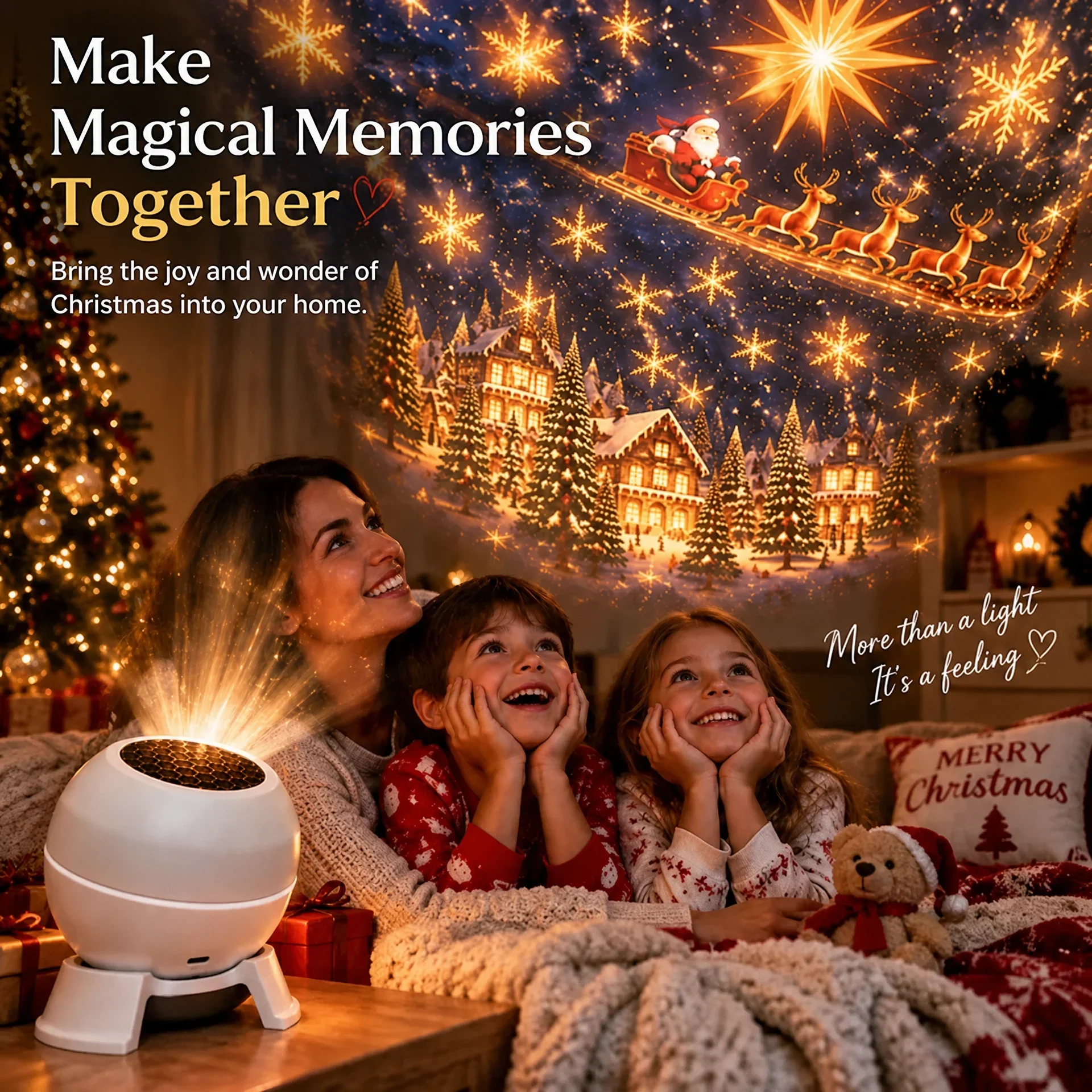 Family enjoying Christmas projection light together