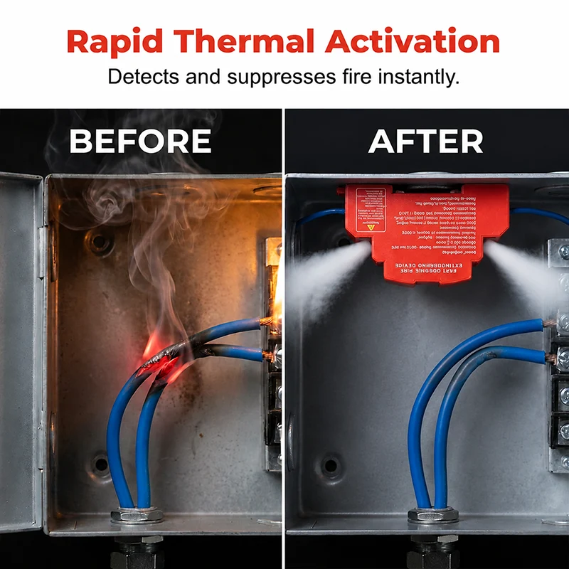 Thermal activation automatic aerosol fire suppression device releases agent when critical heat is detected