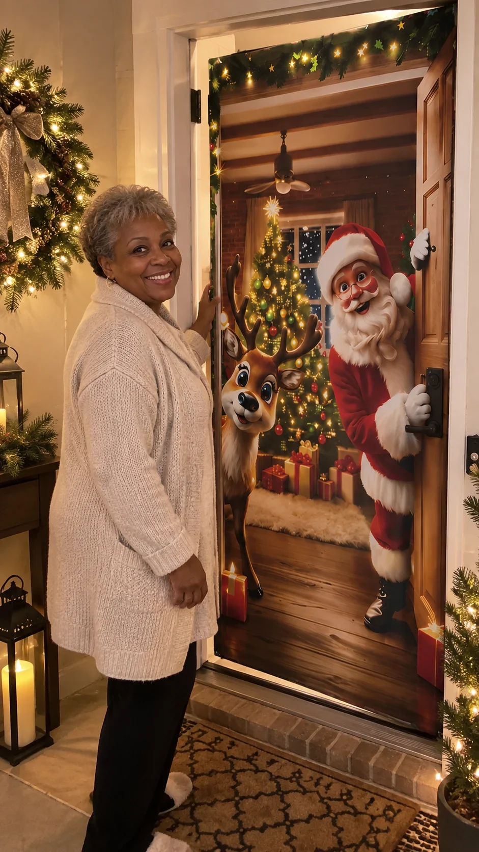 Customer standing beside a festive Santa and reindeer Christmas door cover