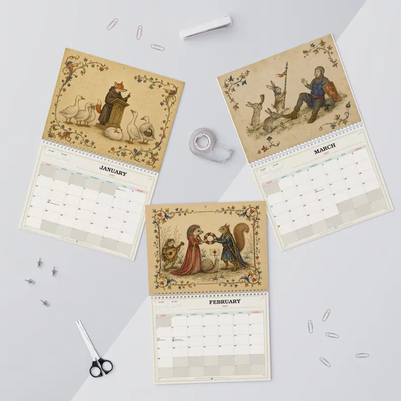 2027 Medieval Animal Mischief calendar displayed as wall decor