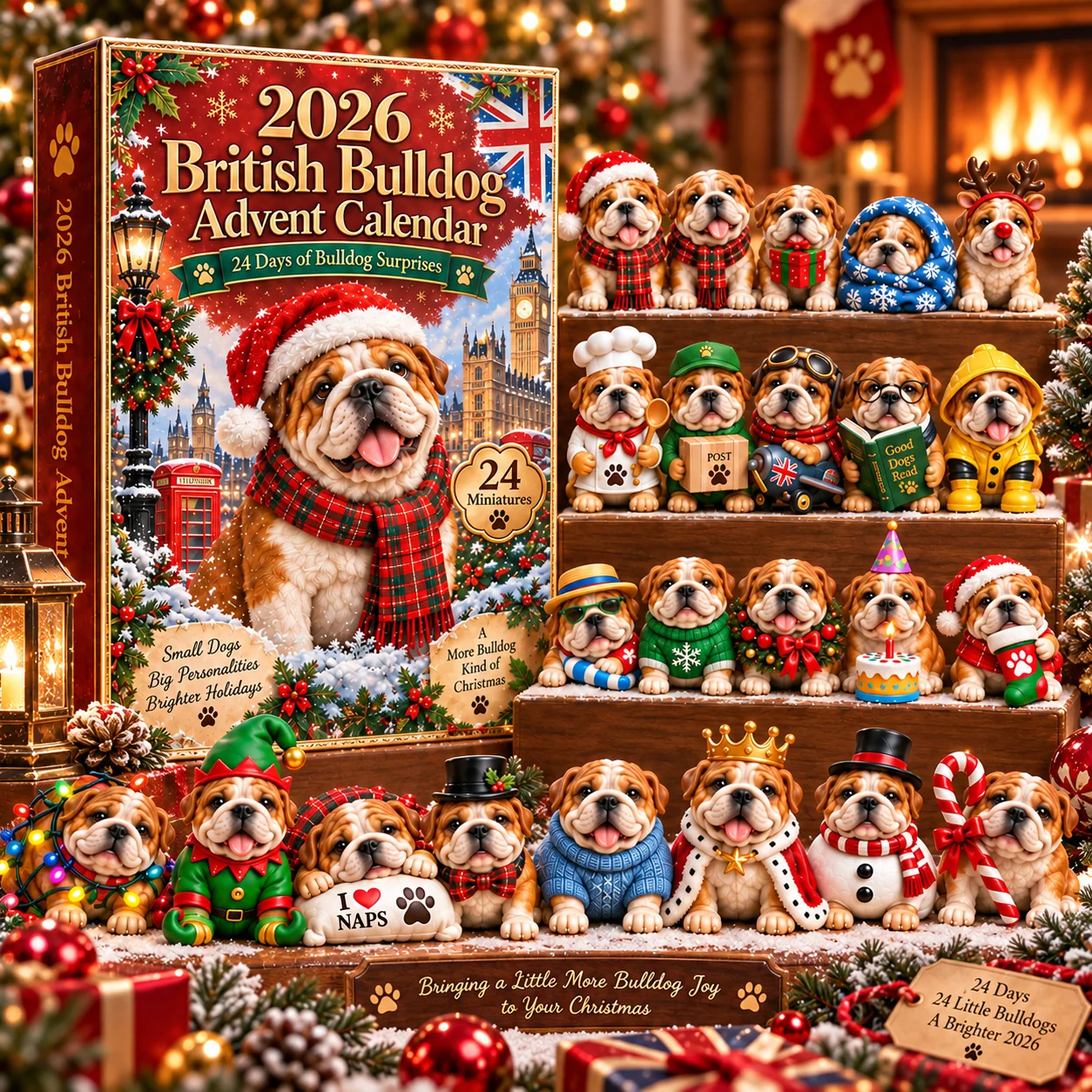 24 British Bulldog Christmas miniatures with different personalities