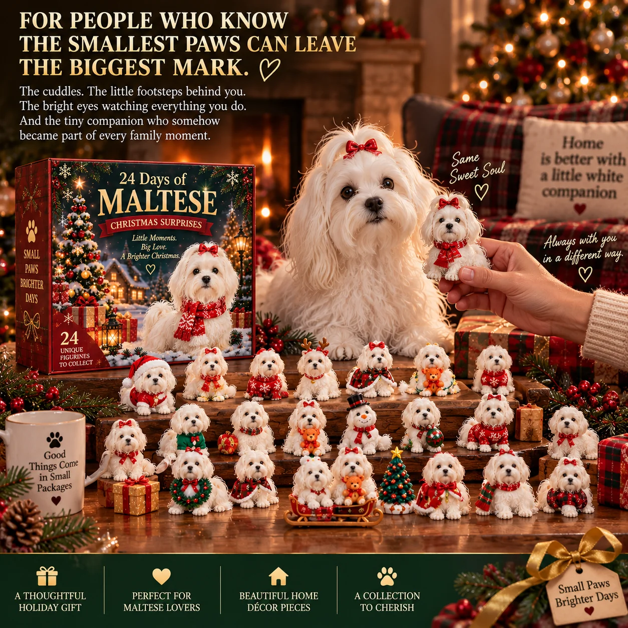 Maltese dog with Christmas collectible figures
