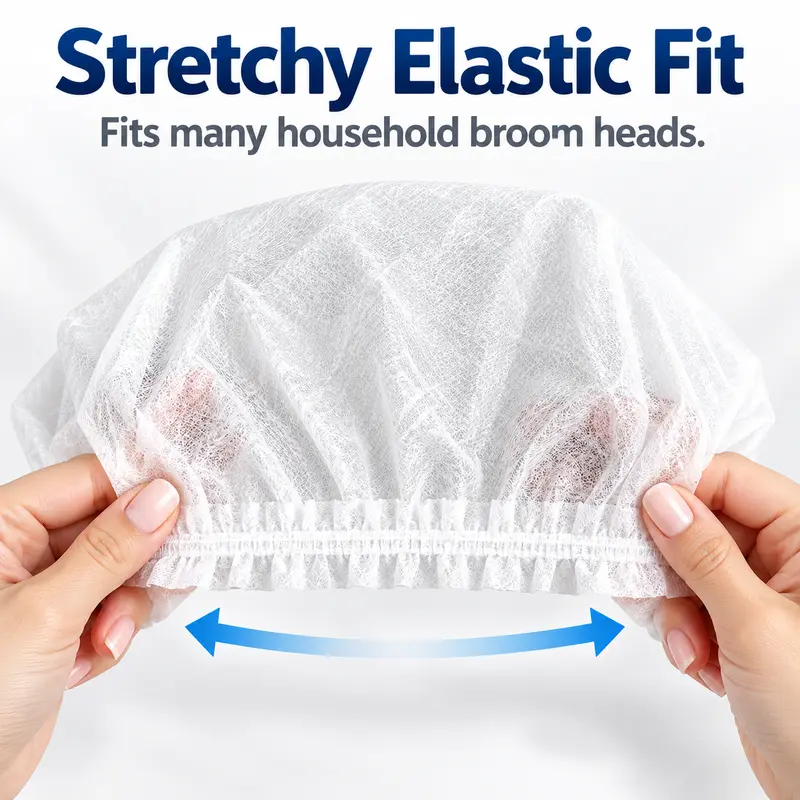 Elastic disposable broom cover fitting over household broom
