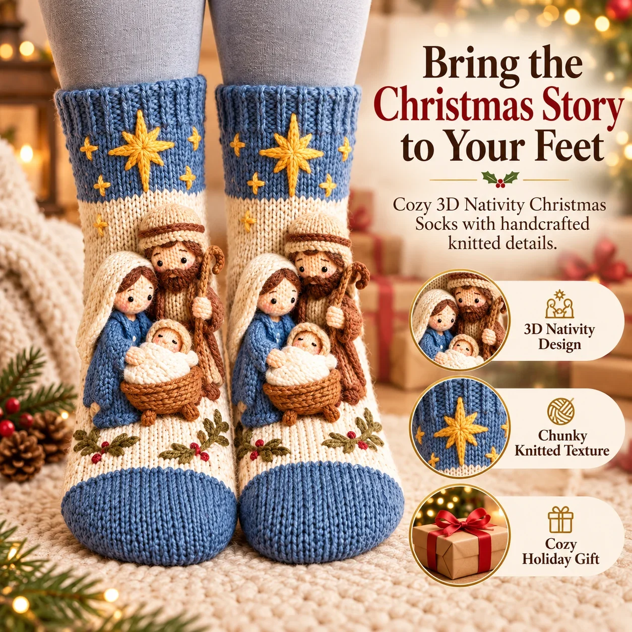 3D Nativity Christmas Socks