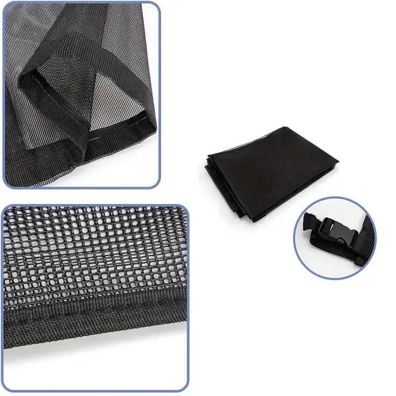 Close-up details of polyester mesh edges and buckle on AC cover