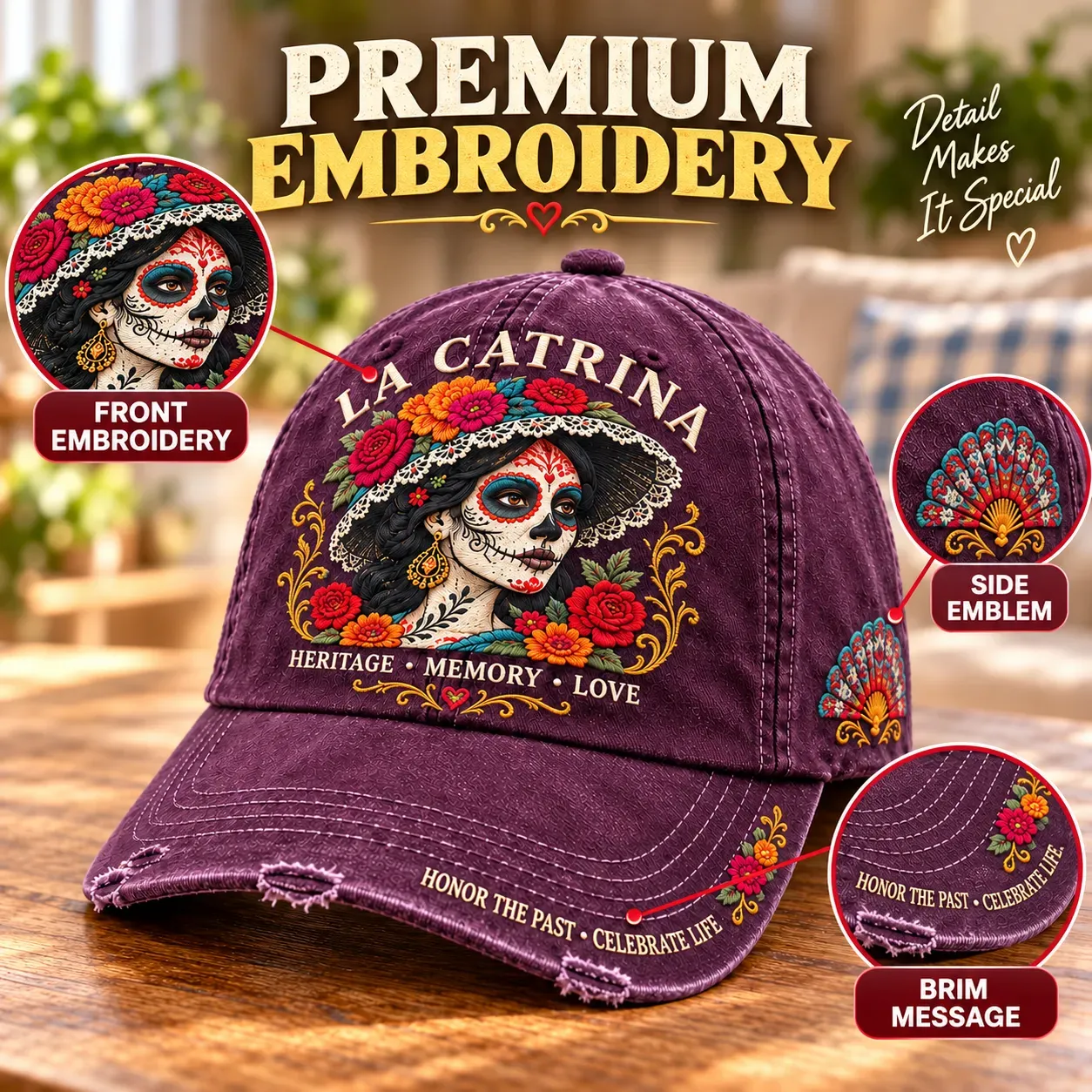 Close view of La Catrina portrait, floral embroidery, side fan emblem, and brim message
