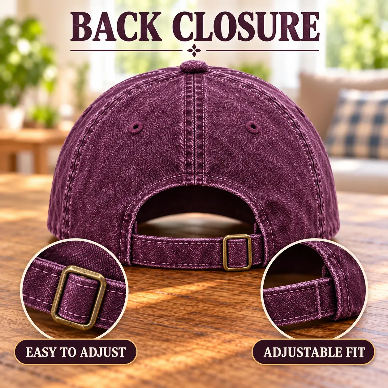 Back of the Vintage Plum cap showing the adjustable buckle strap and ventilation eyelets