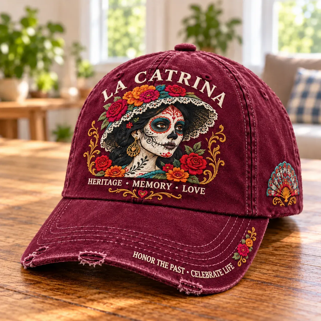 Burgundy La Catrina baseball cap