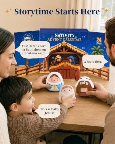 Soft Nativity plush characters arranged for Christmas storytelling
