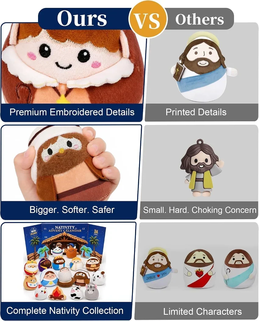 Comparison graphic highlighting embroidered plush Nativity character details and collection