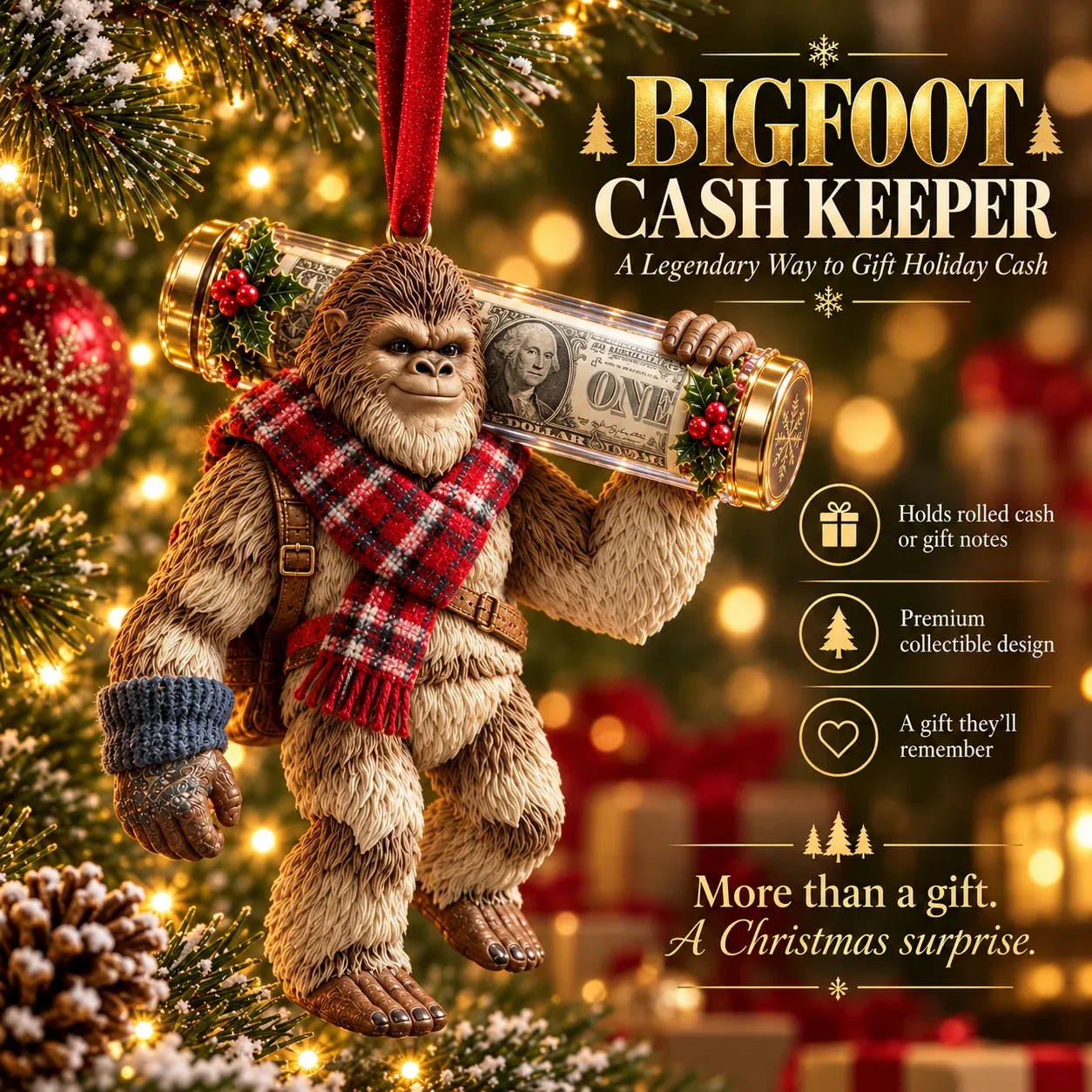 Bigfoot Christmas cash holder ornament