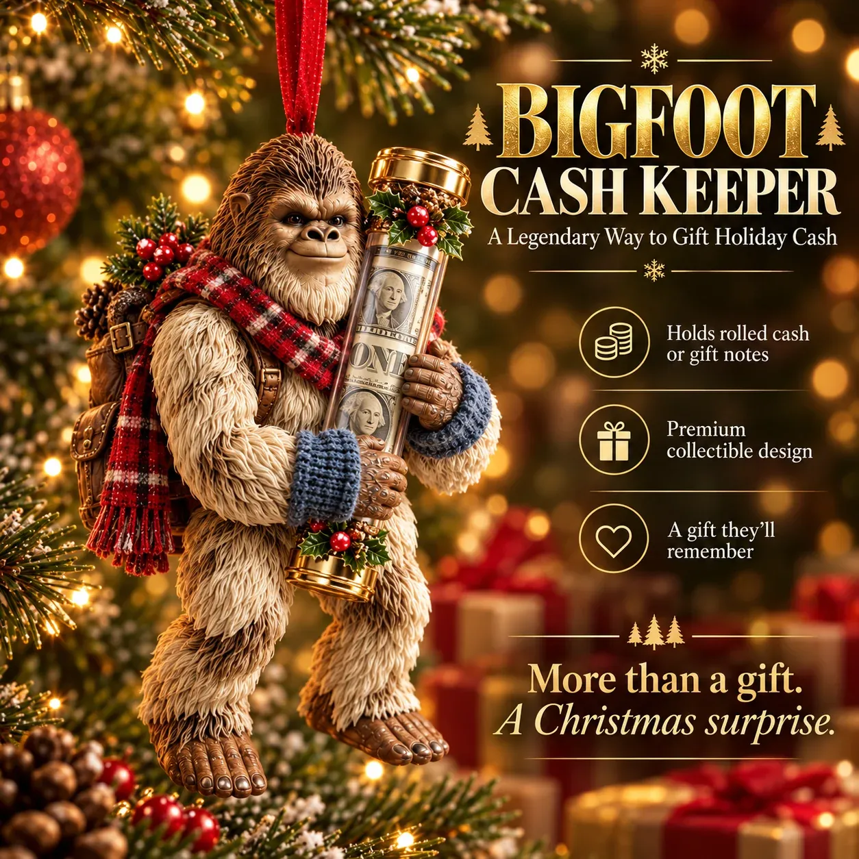 Bigfoot cash ornament hanging on Christmas tree